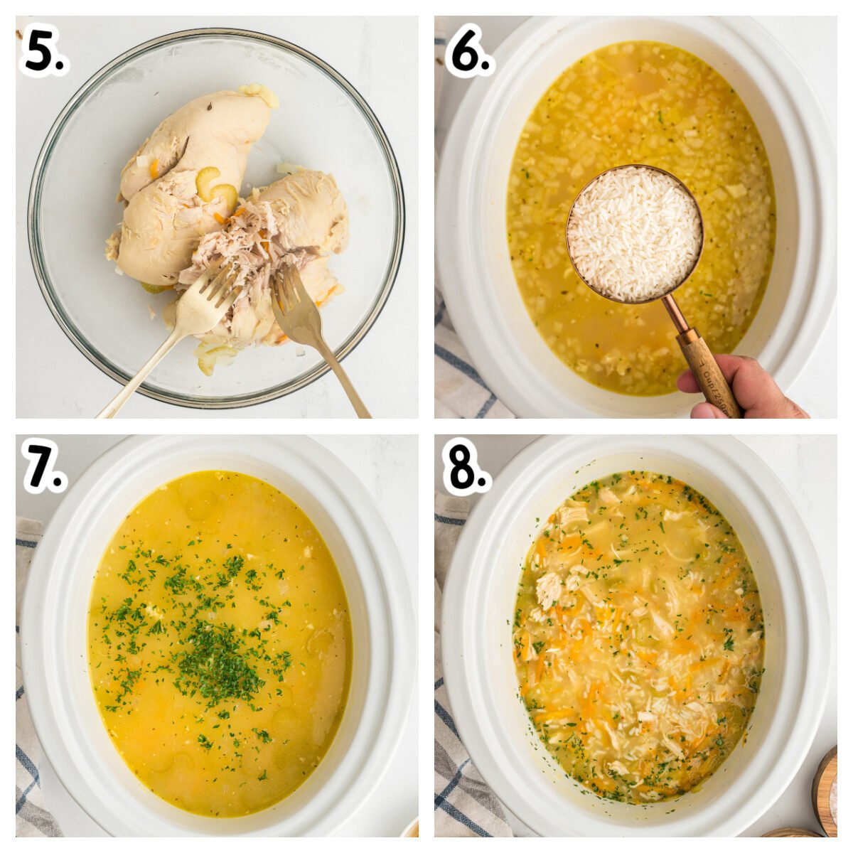 Four image showing how to shred chicken and add minute brand rice to soup.