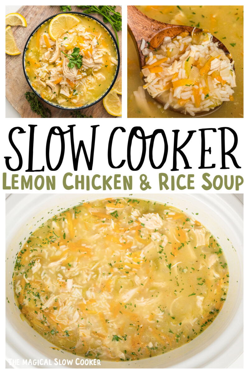 Collage of lemon chicken and rice soup.