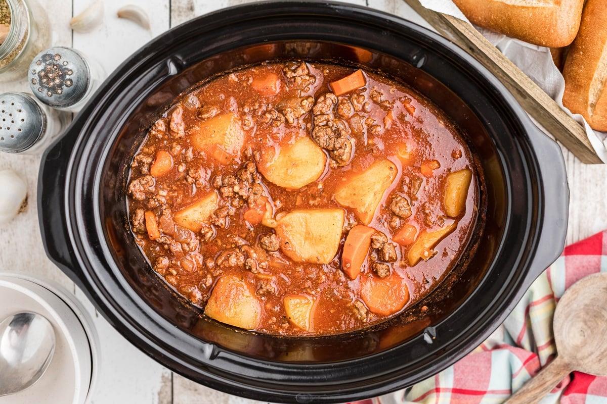 Cooked poor man stew in crockpot.