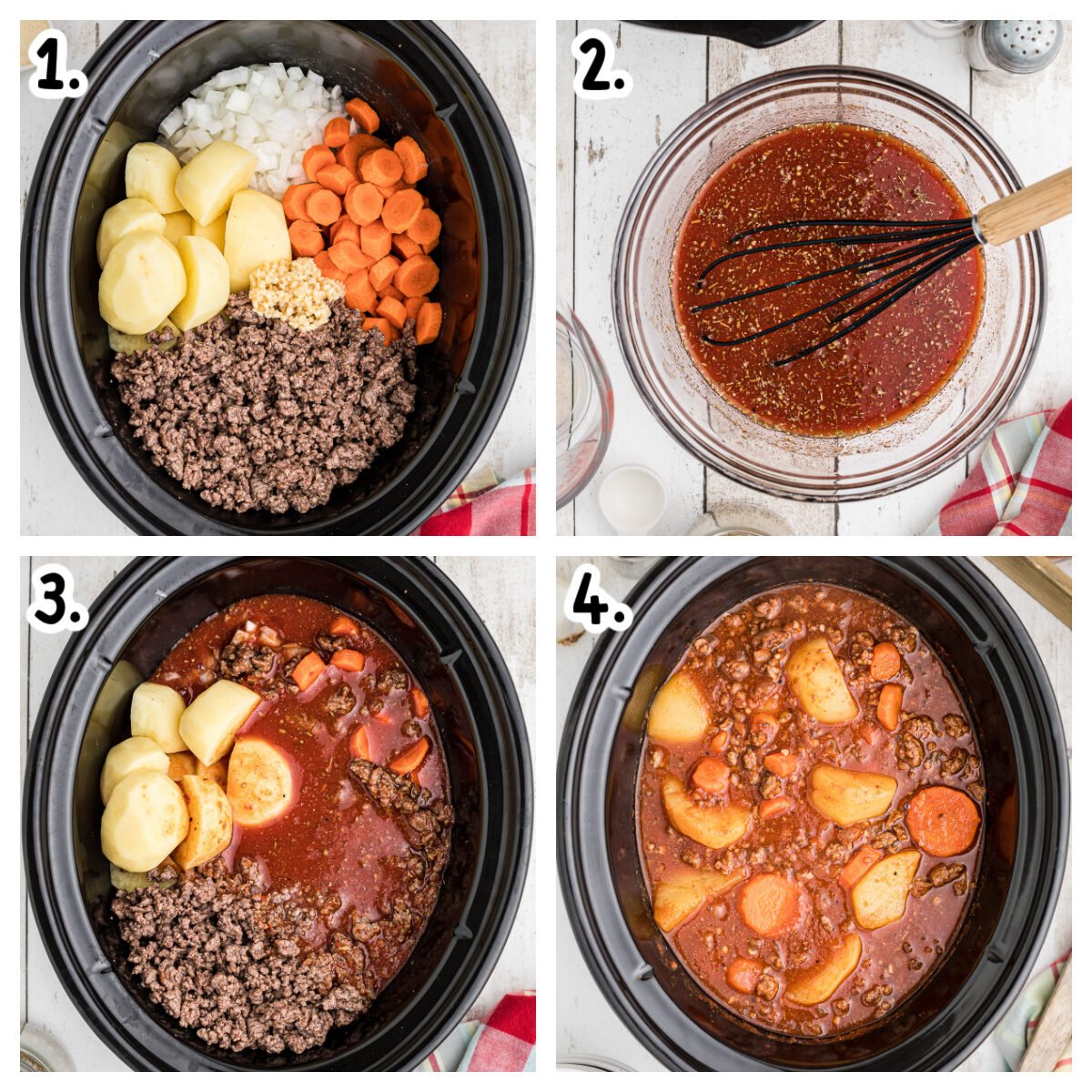 four images of how to assemble poor man's stew in a crockpot.
