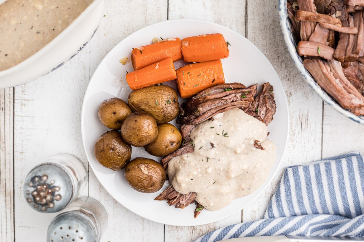 overhead shot of pot roast with blue cheese gravy.