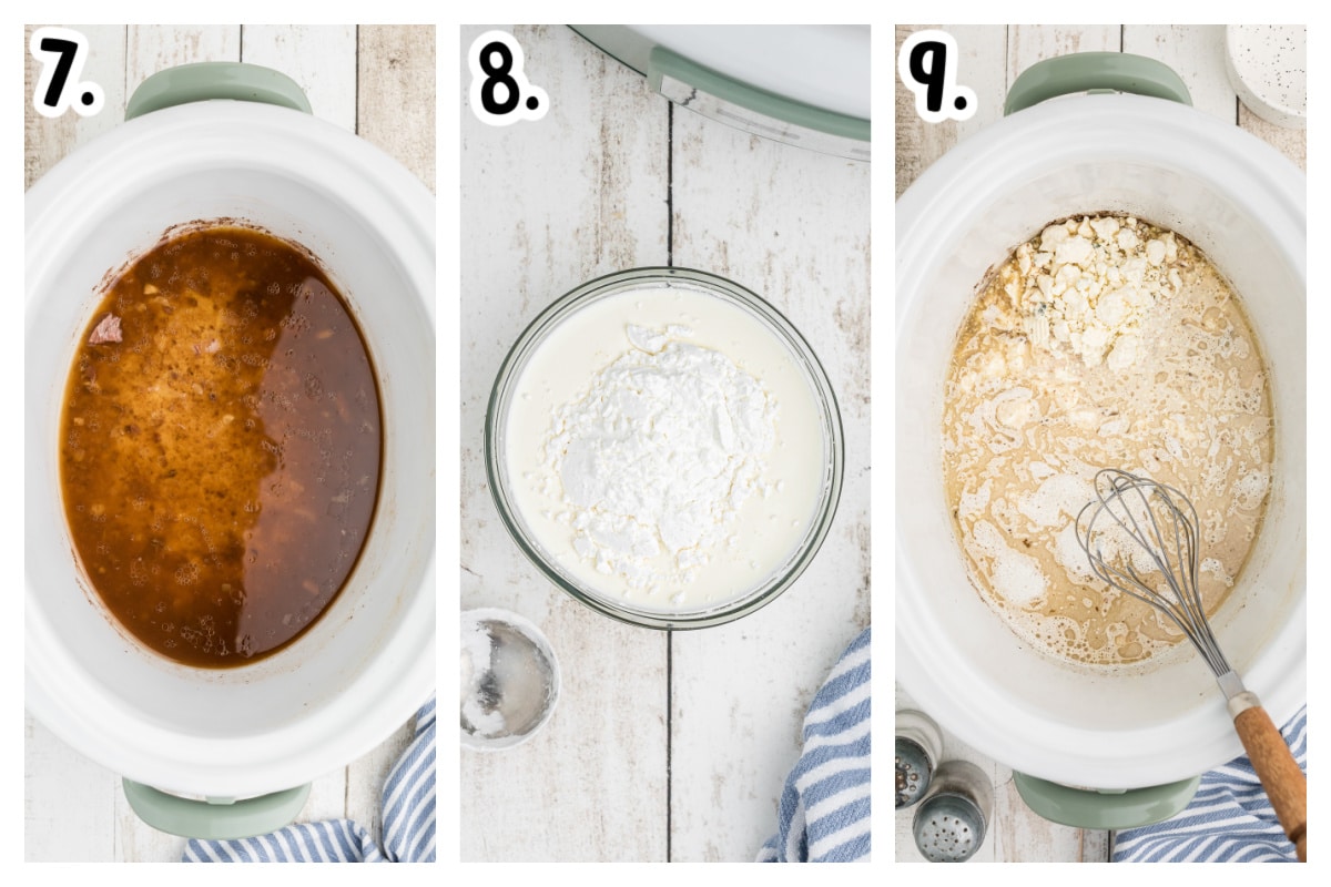 3 images showing how to make blue cheese gravy.