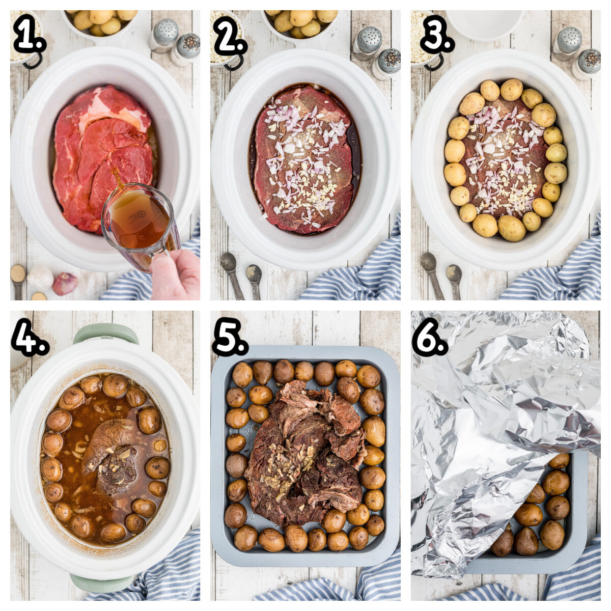 6 images showing how to cook pot roast in crockpot.