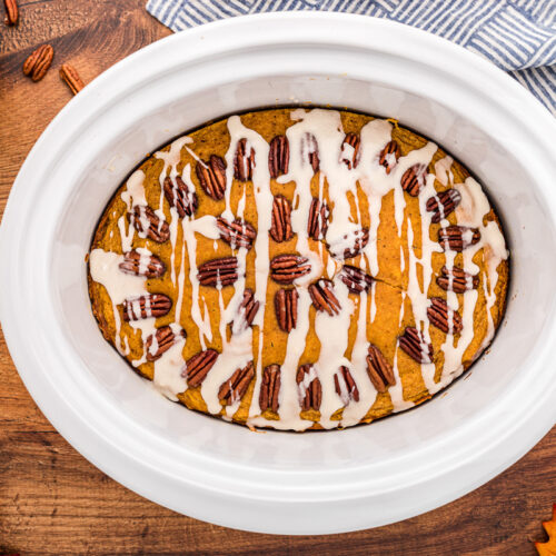 overhead shot of pumpkin cake in crockpot.