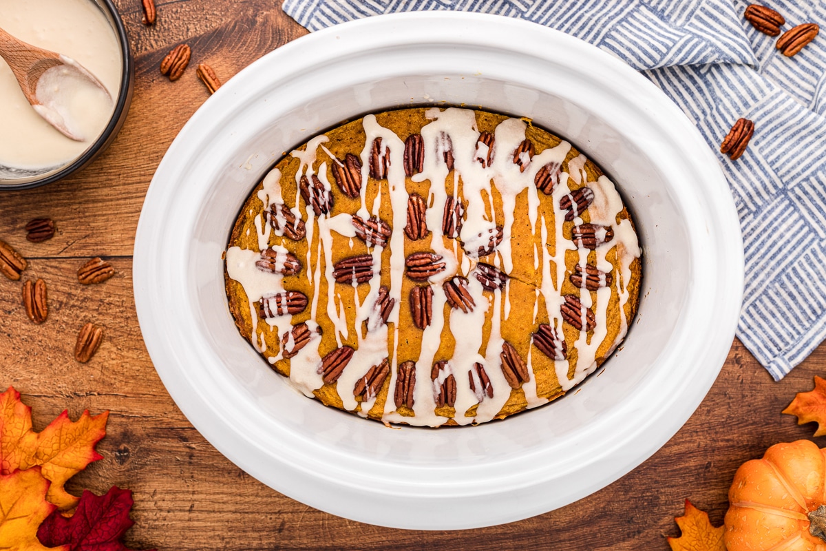 overhead shot of pumpkin cake in crockpot.