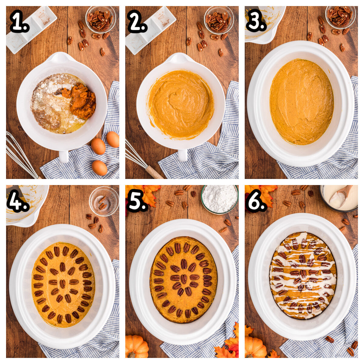 Six images showing how to make pumpkin cake in a slow cooker.
