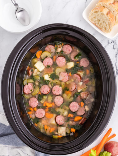 overhead shot of sausage white bean soup.