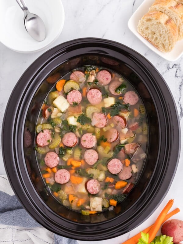 overhead shot of sausage white bean soup.