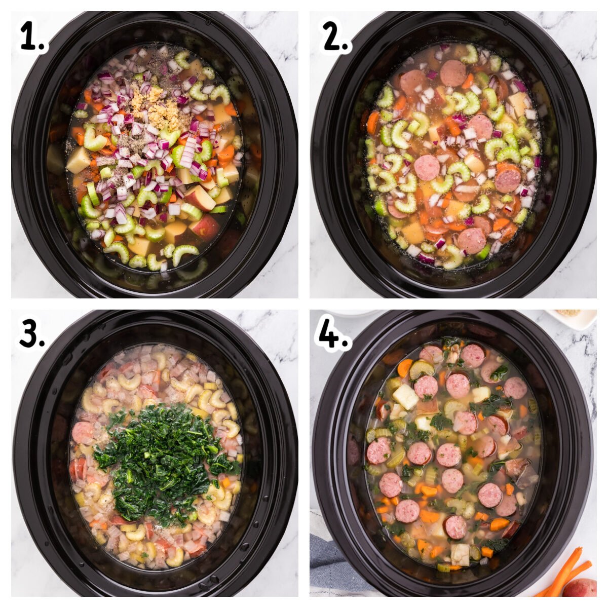 Four images showing how to make sausage white bean soup in a crockpot.