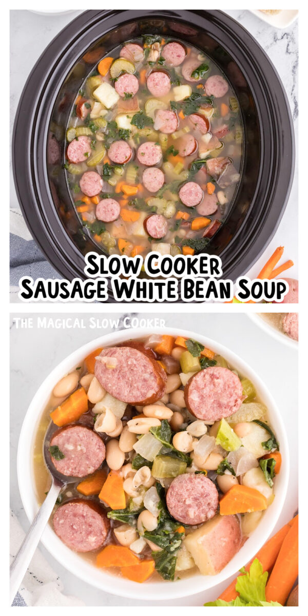 2 images of cooked sausage white bean soup.
