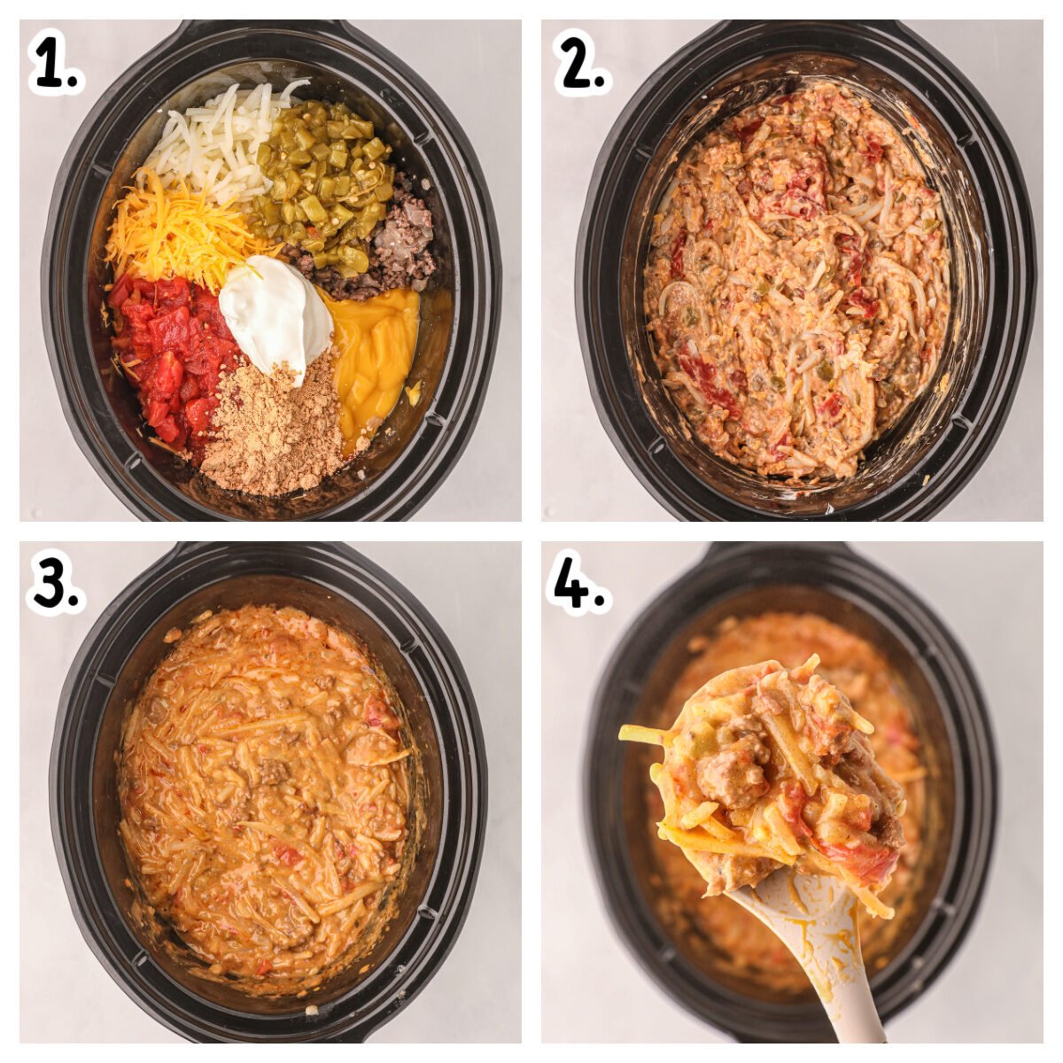 4 images showing how to make taco casserole in a crockpot.