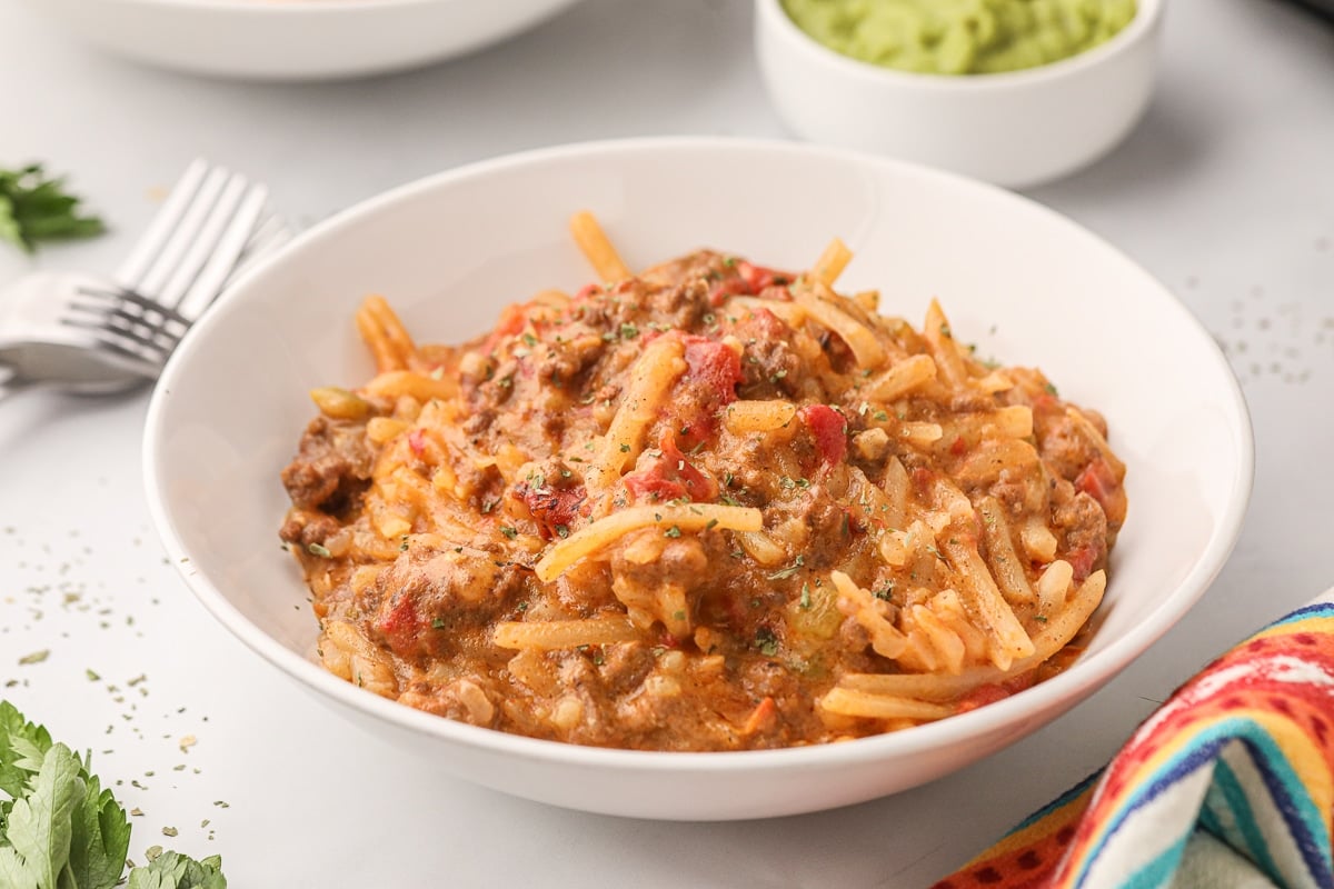 Bowl full of taco casserole.