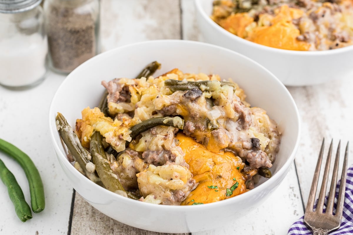 bowl filled with tater tot casserole.