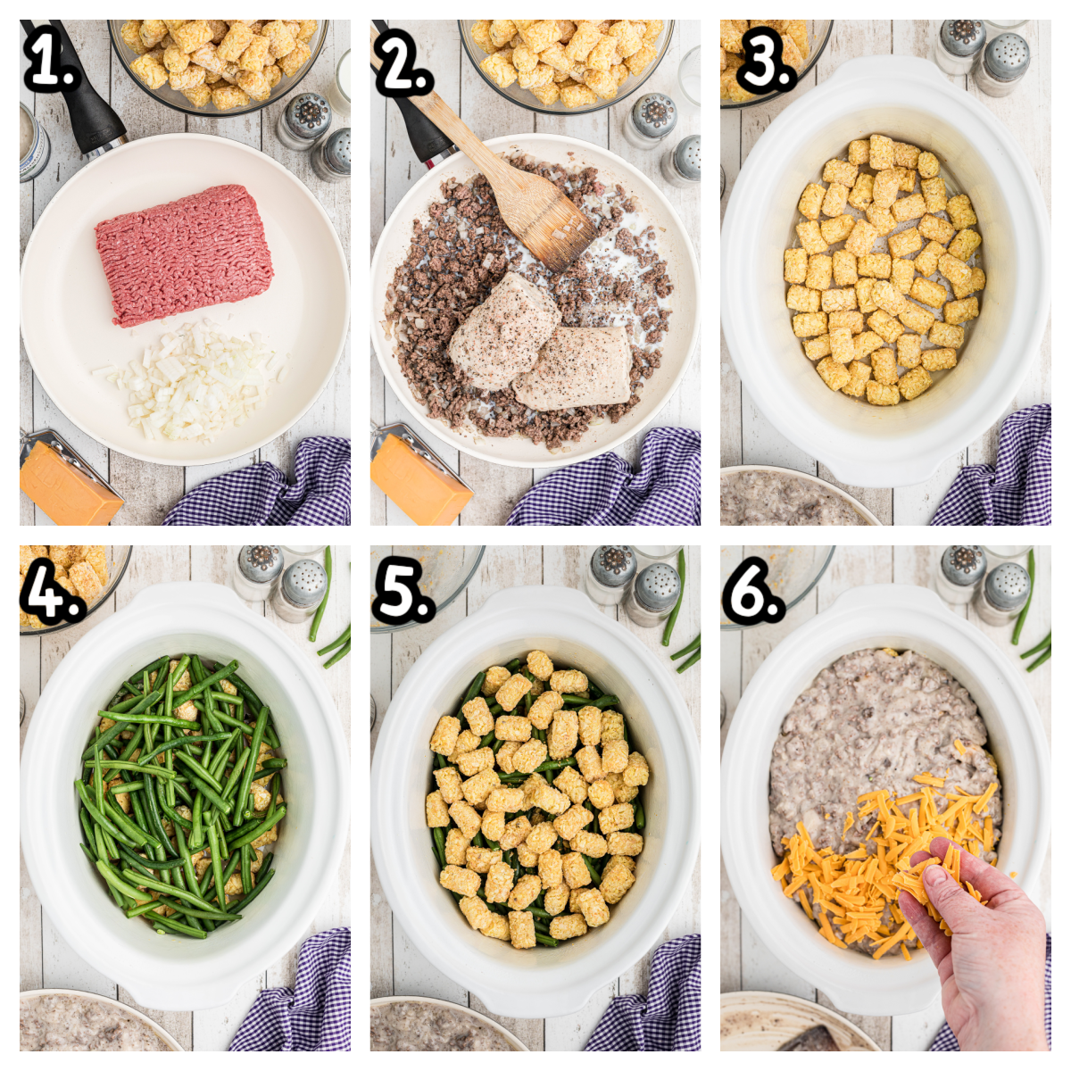 6 images showing how to assemble tater tot casserole in a crockpot.