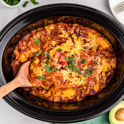 overhead shot of vegetable enchiladas in crockpot.