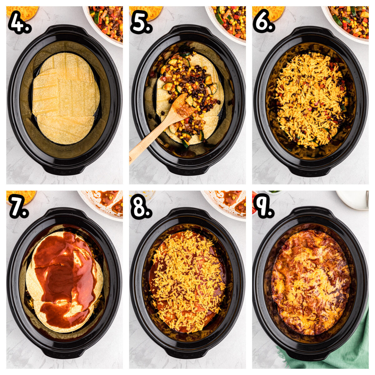 Six images showing how to make veggie enchilada casserole in a crockpot.