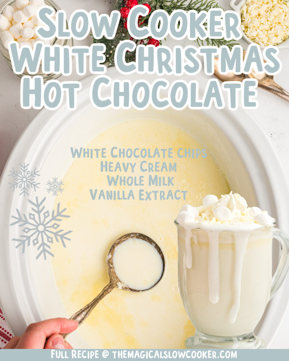 Photo of white hot chocolate with text overlay.