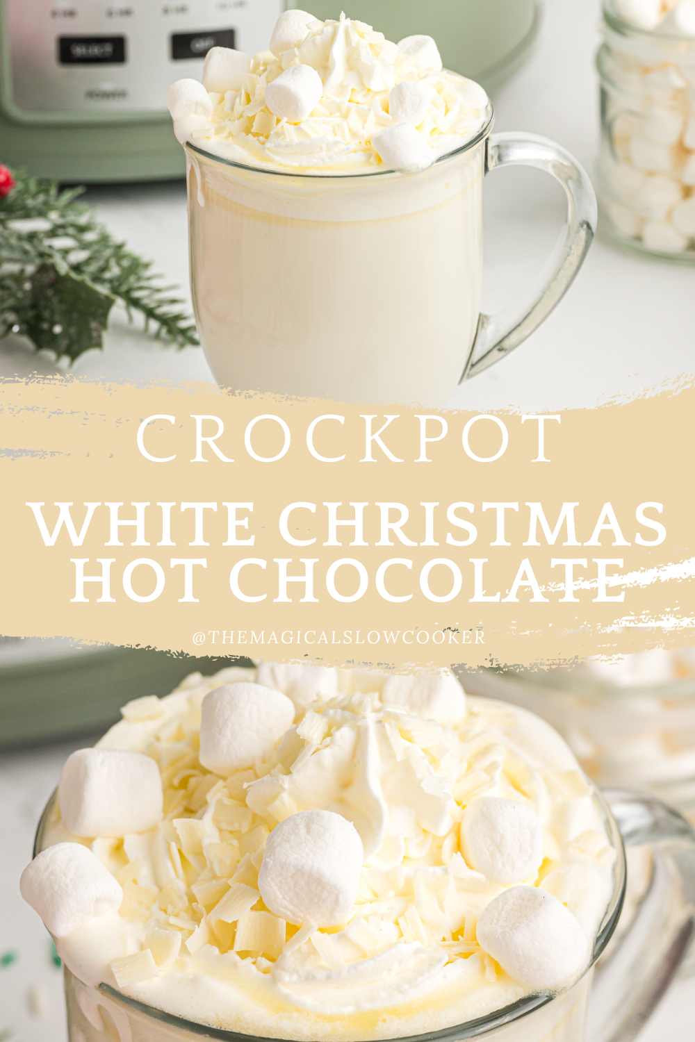 2 images of white hot chocolate in mugs.