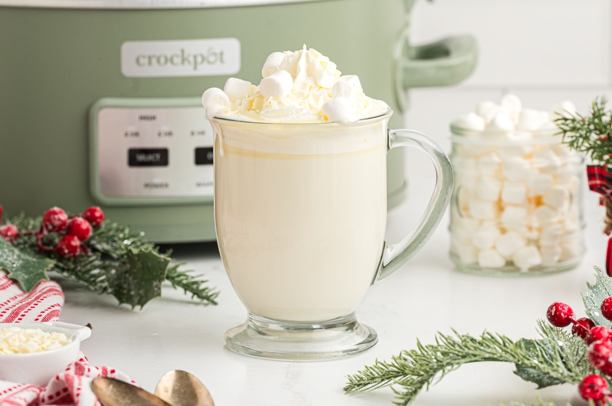 mug of white hot chocolate in front of a slow cooker.