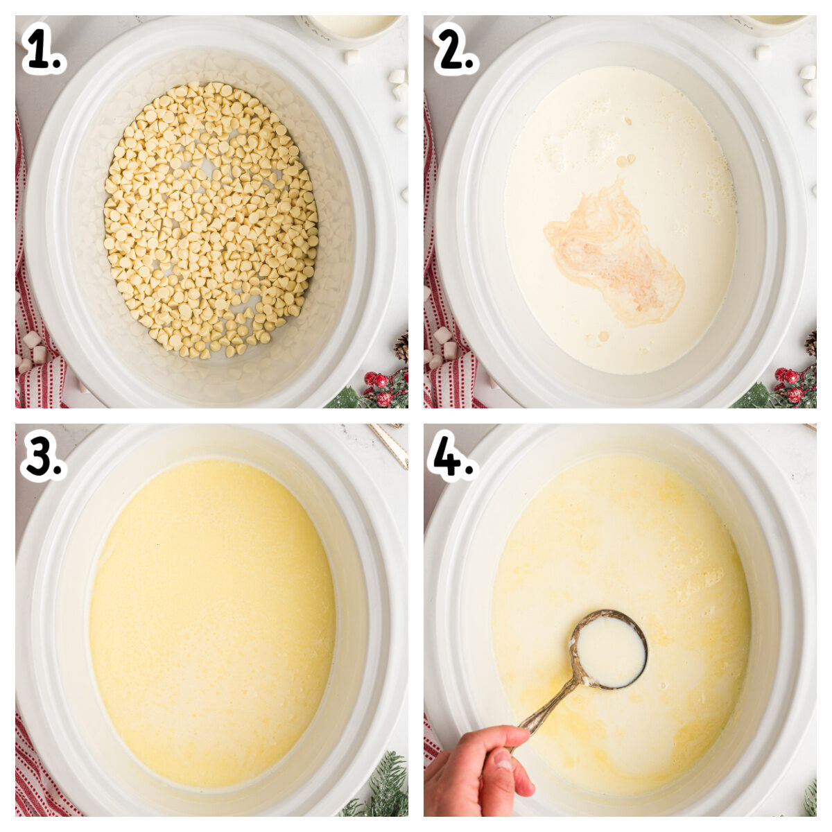 4 images showing how to make white hot chocolate in a slow cooker.