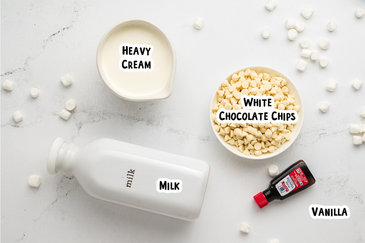 Ingredients for white hot chocolate on a table.