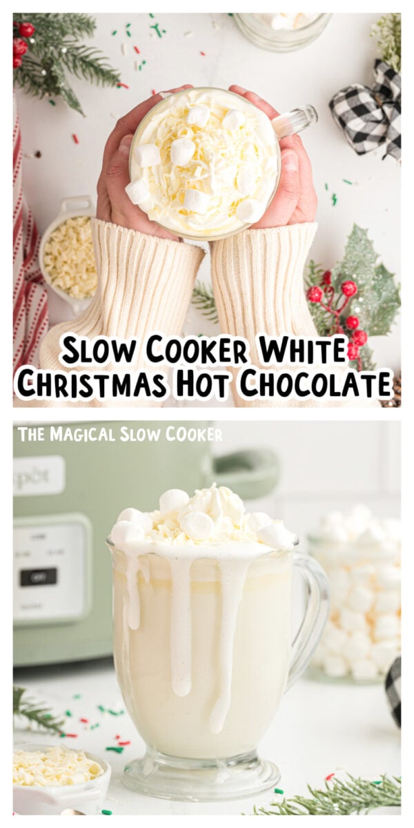 2 images of white hot chocolate for pinterest.
