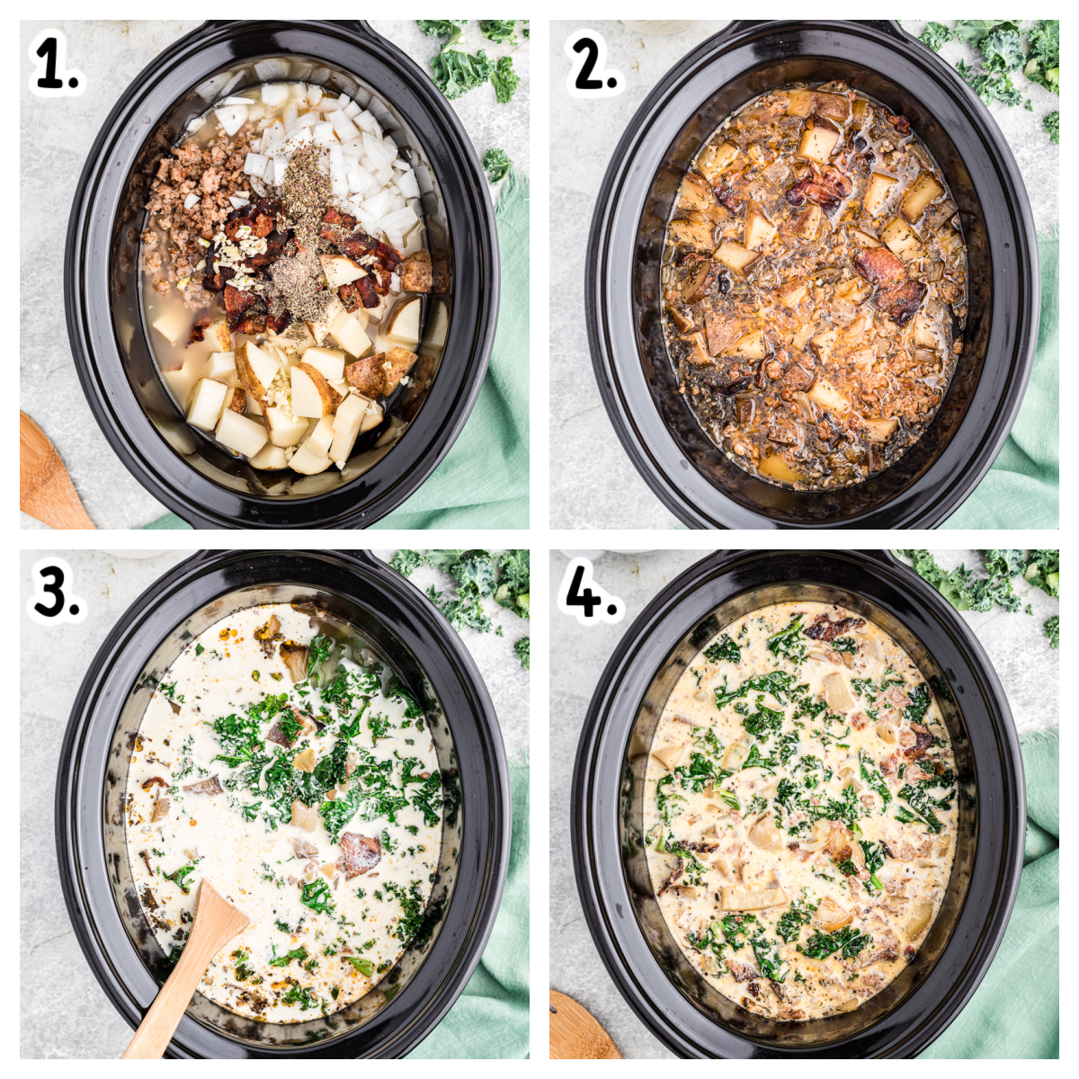 Four images showing how to make zuppa toscana in slow cooker.