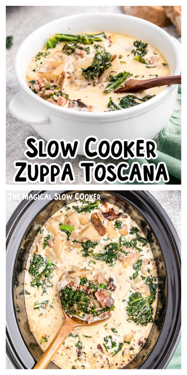 2 images of cooked zuppa toscana for pinterest.