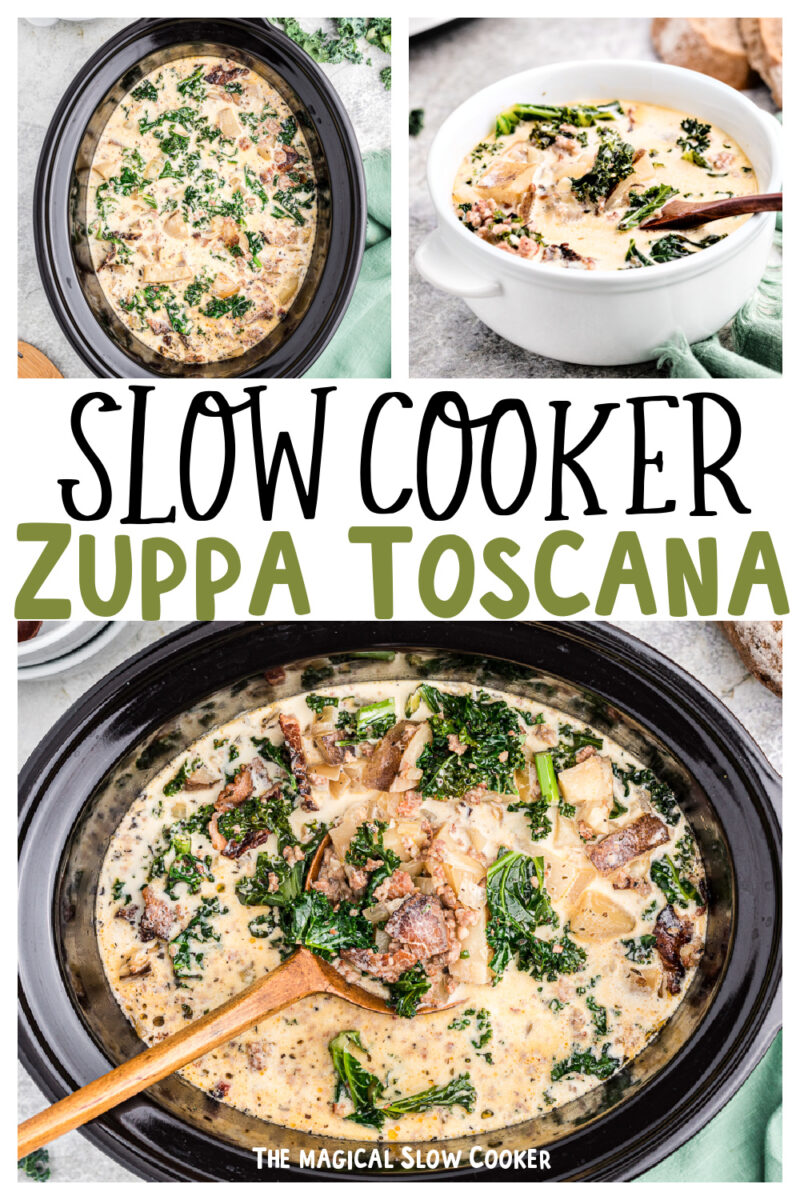 collage of zuppa toscna images with text overlay for pinterest.