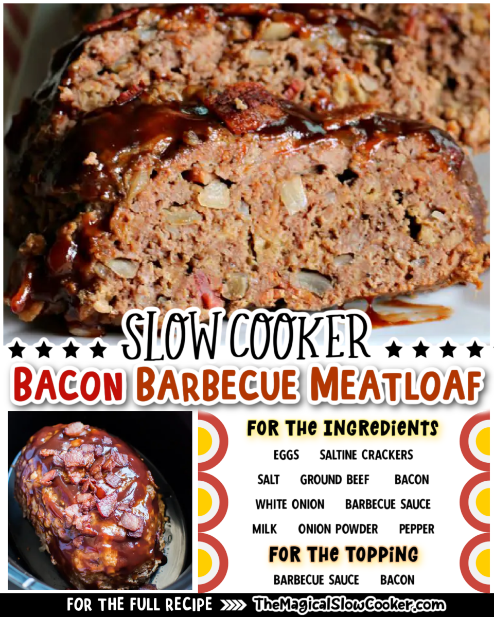 Bacon barbecue meatloaf images with text of what the ingredients are.