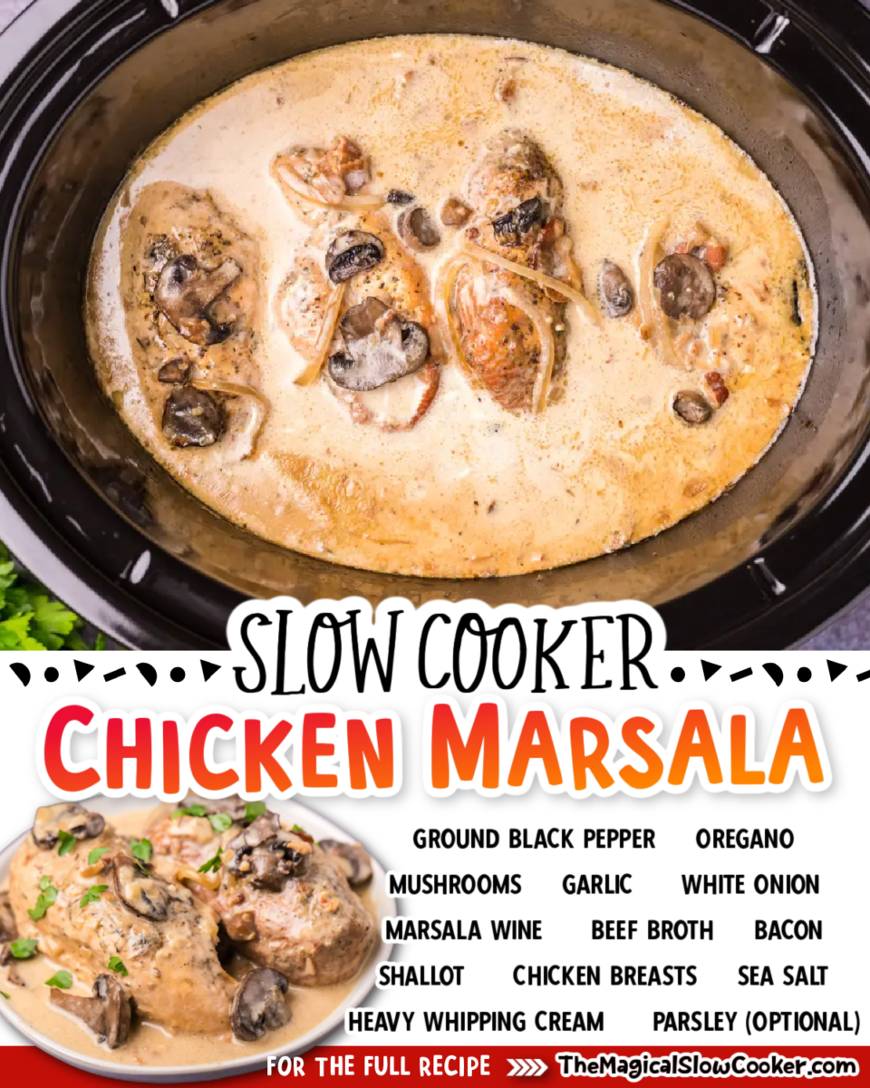 Chicken Marsala images with text of what the ingredients are.
