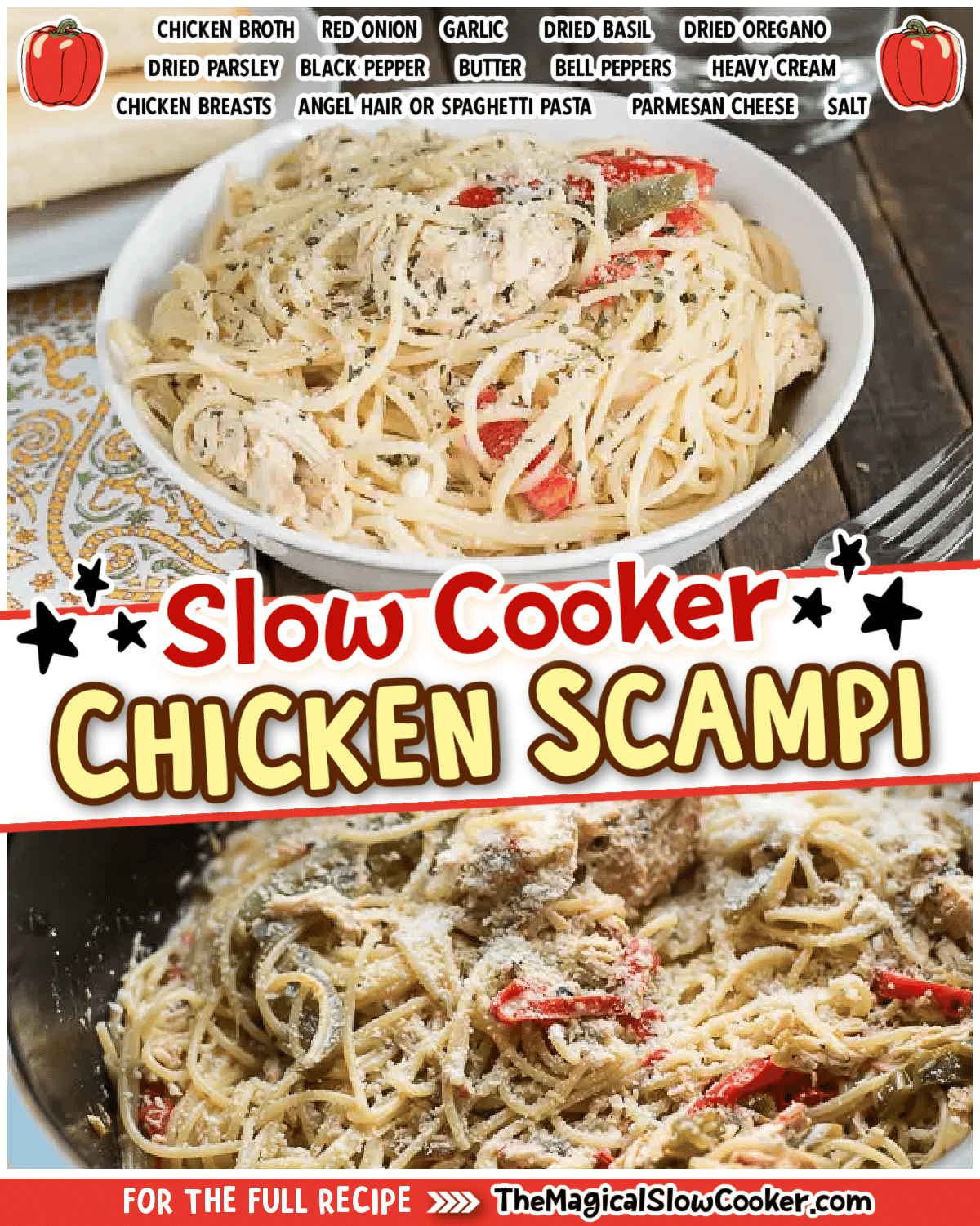 Chicken Scampi Pasta images with text of what the ingredients are.