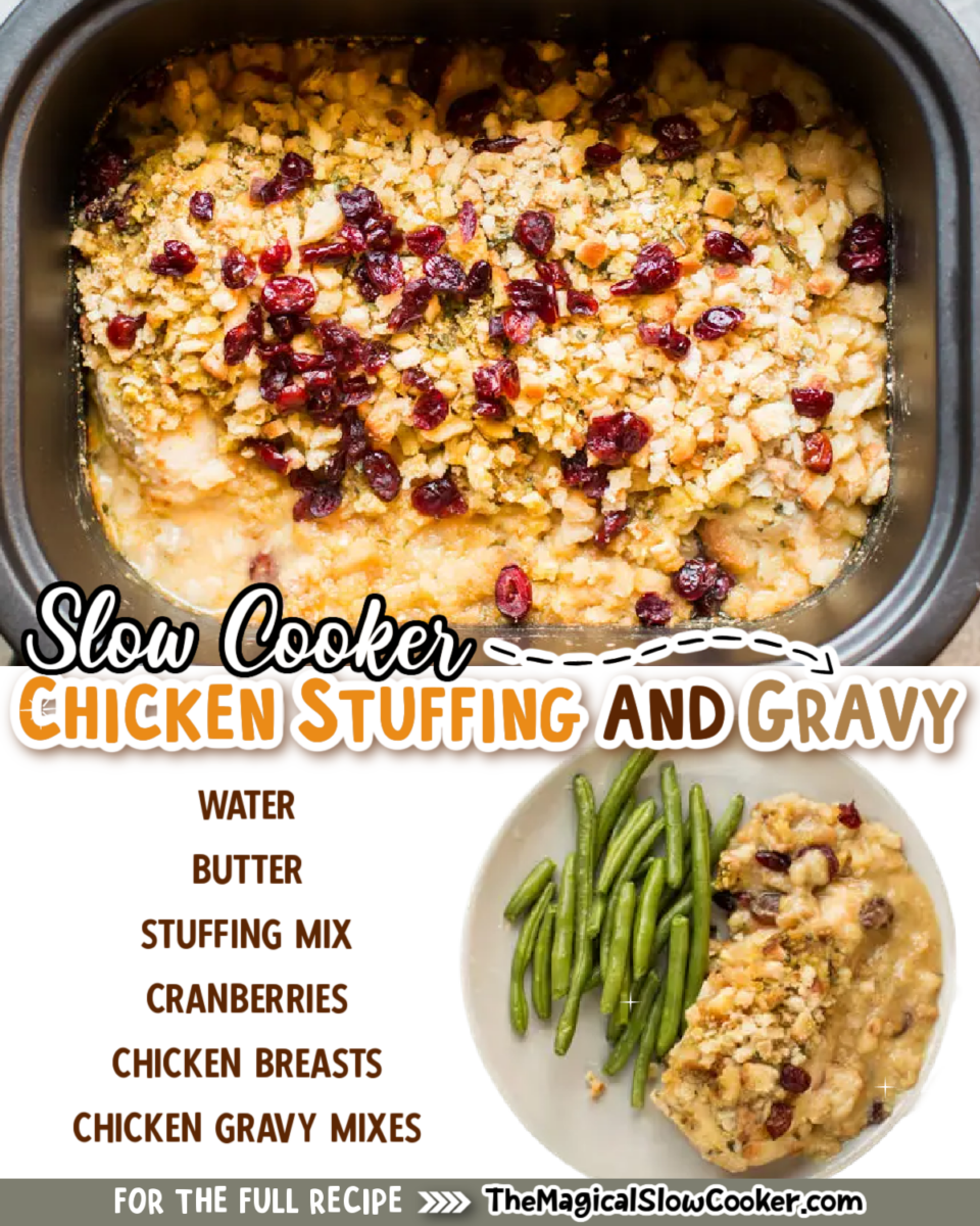 Chicken stuffing and gravy images with text of what the ingredients are.