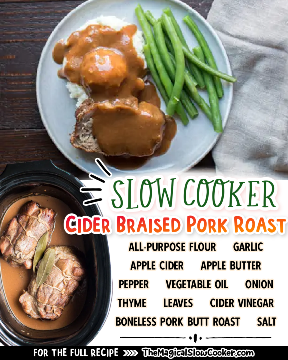 Cider braised pork images with text of what the ingredients are.