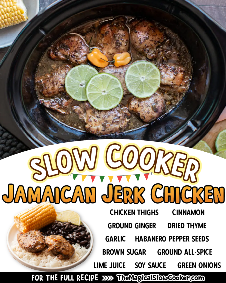 Jamaican Jerk chicken images with text of what the ingredients are.