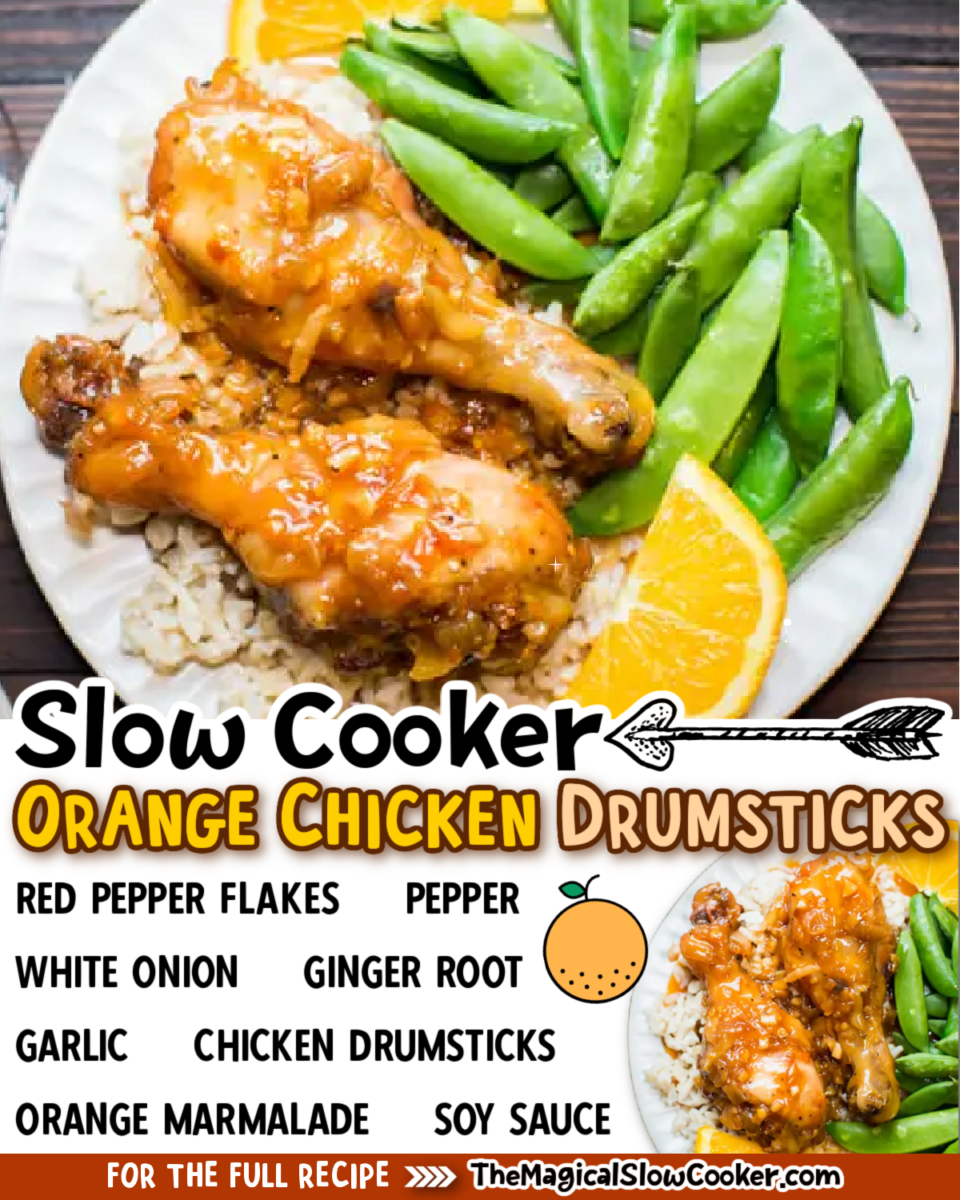 Orange chicken drumsticks images with text of what the ingredients are.