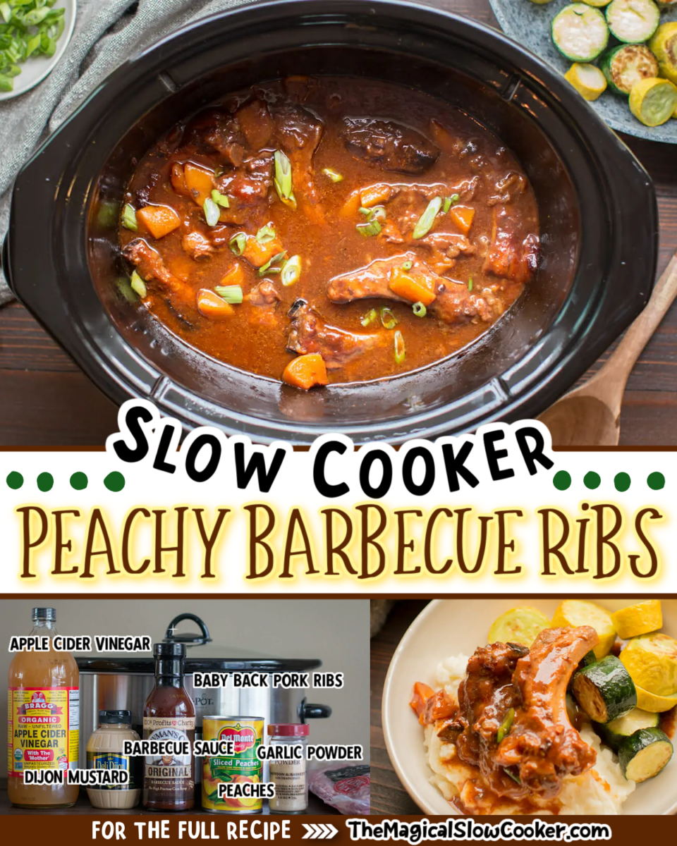 Peachy barbecue ribs images with text of what the ingredients are.