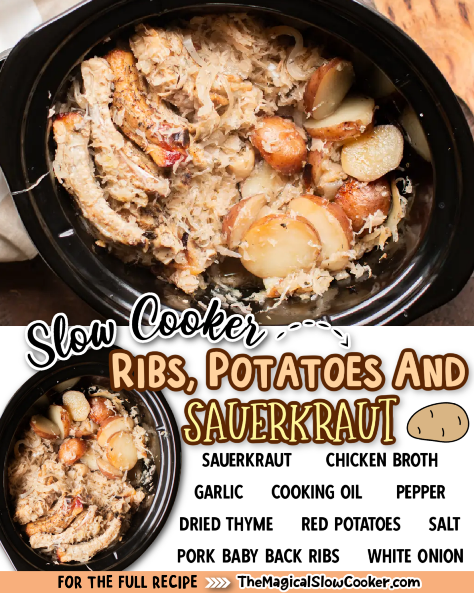Ribs, potatoes and sauerkrauit images with text of what the ingredients are.