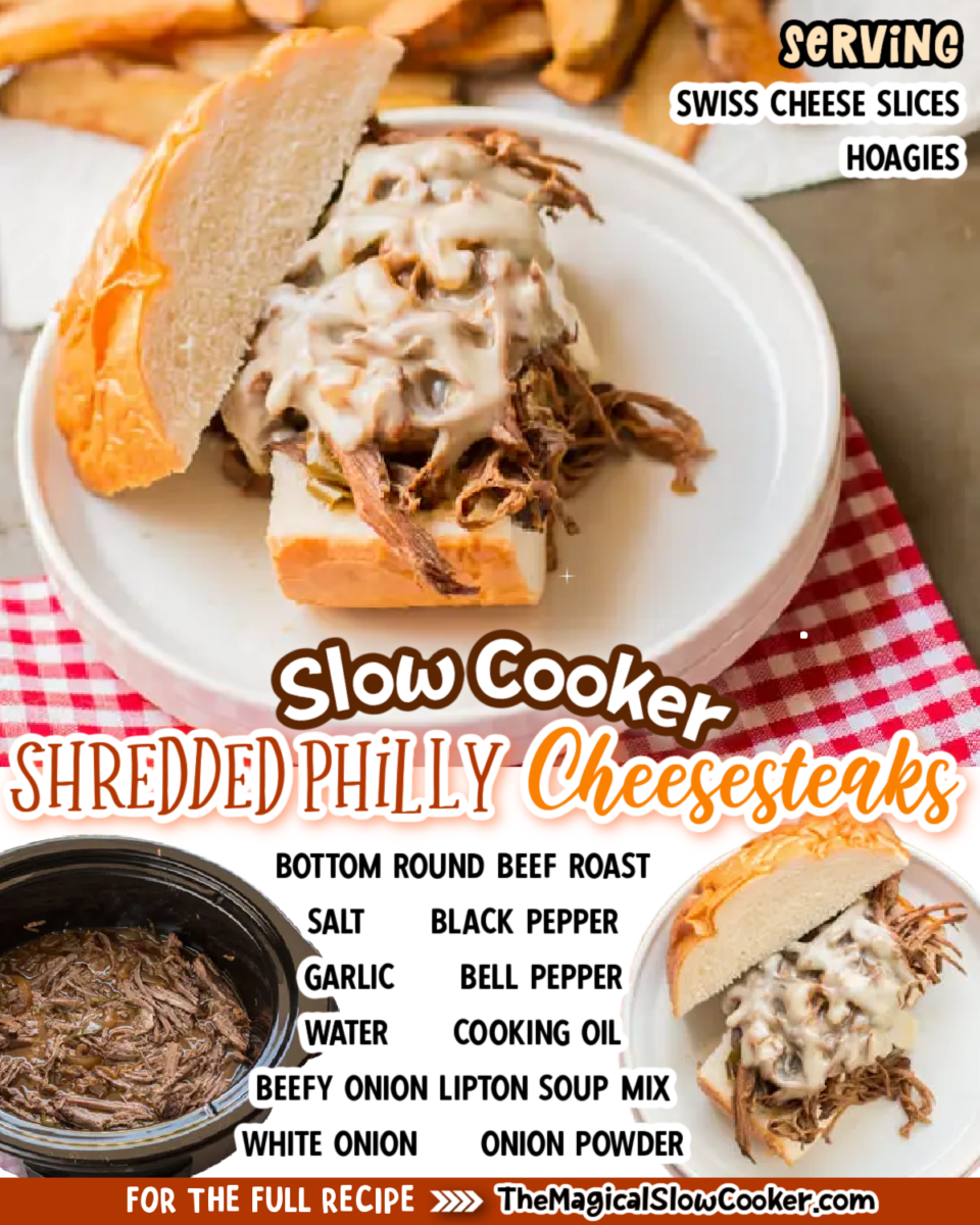 Philly cheesesteak images images with text of what the ingredients are.