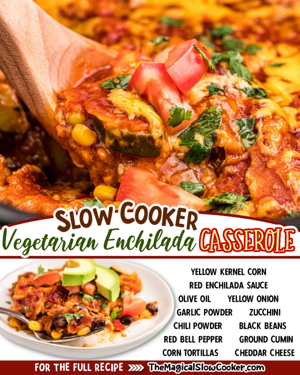 Vegetarian Enchilada Casserole images with text of what the ingredients are.