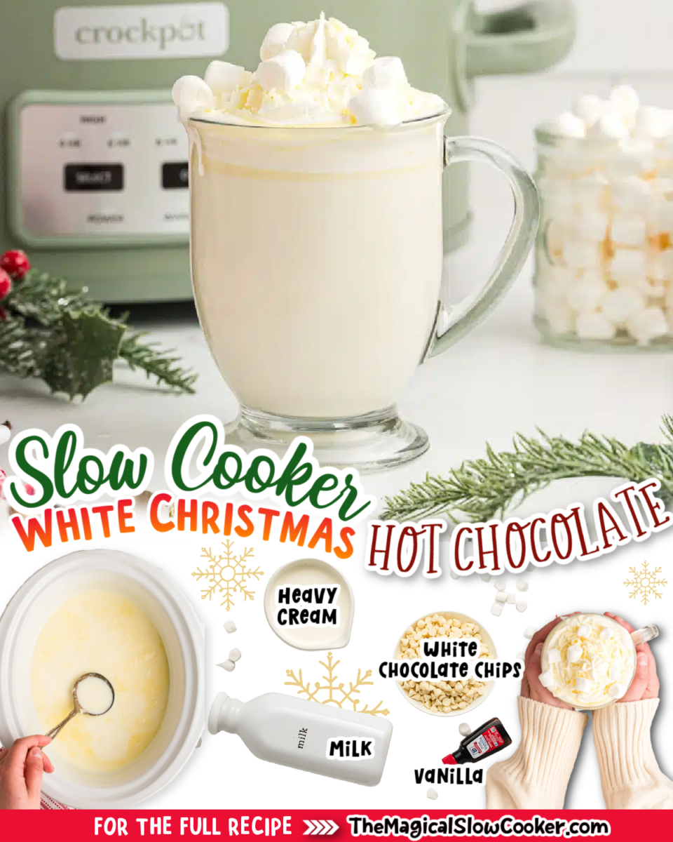 White Christmas HOt Chocolate images with text of what the ingredients are.