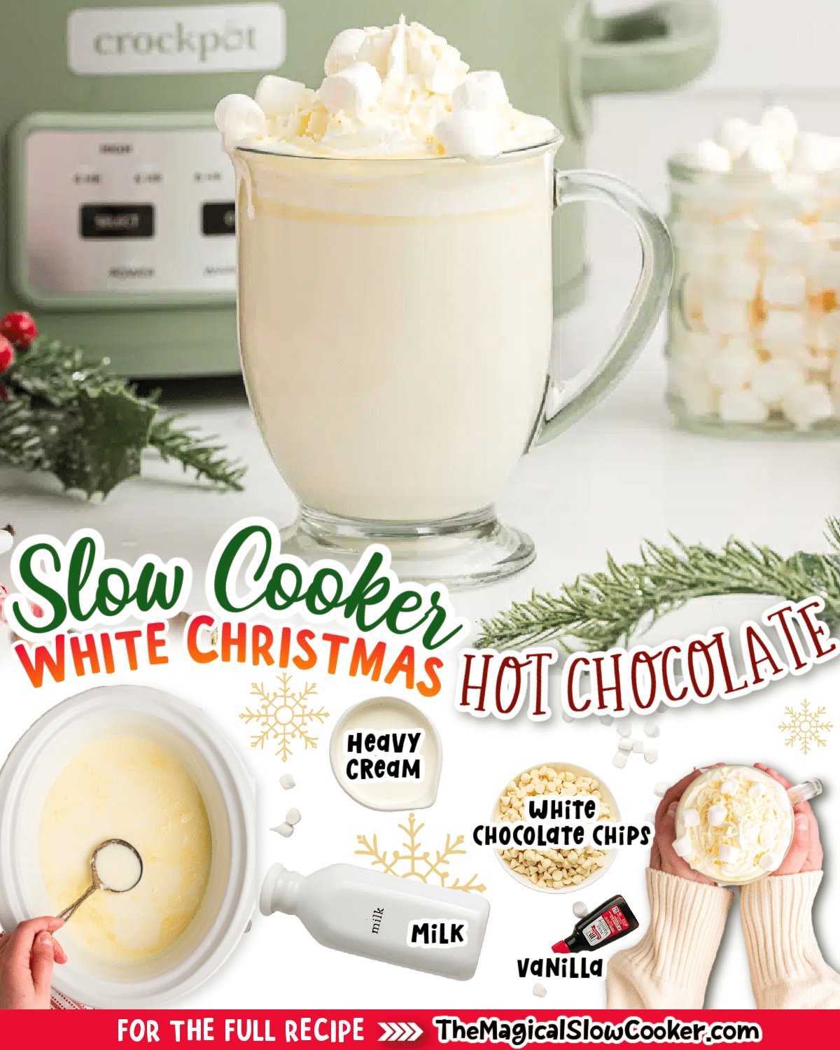 White Christmas HOt Chocolate images with text of what the ingredients are.