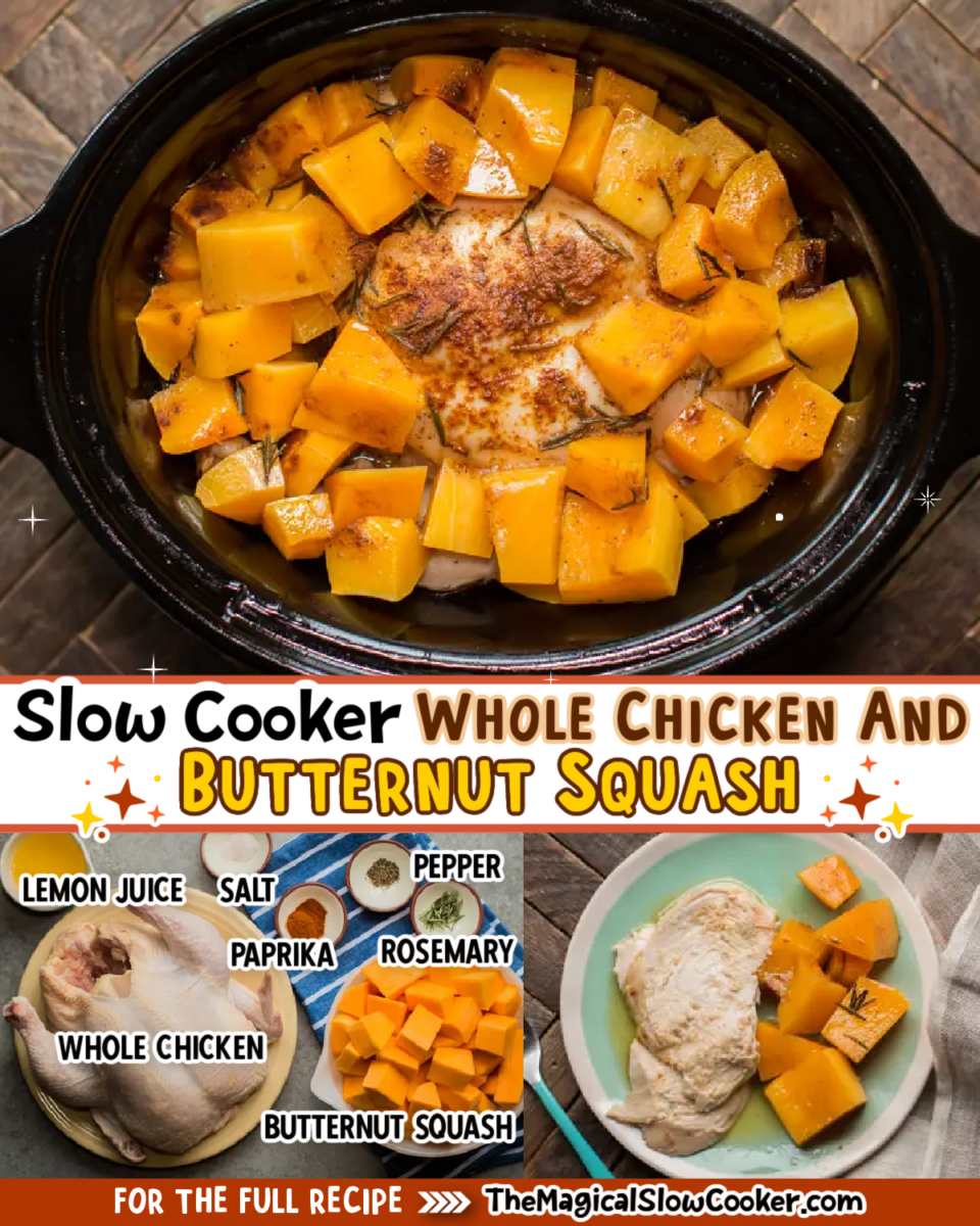 Chicken with butternut squash images with text of what the ingredients are.