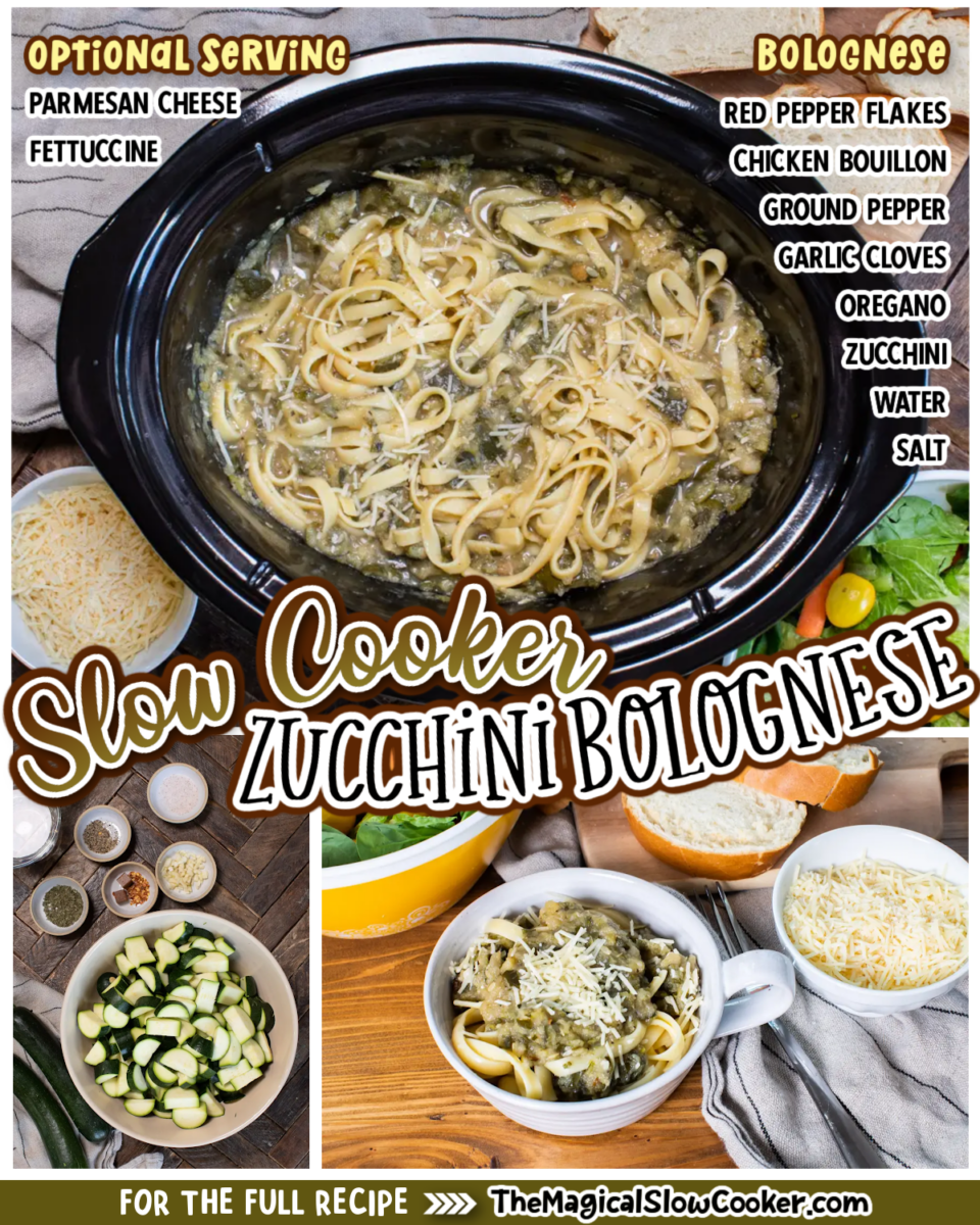 Zucchini bolognesse images with text of what the ingredients are.