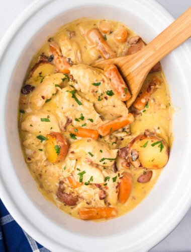 Creamy ranch chicken and potatoes in a crockpot.