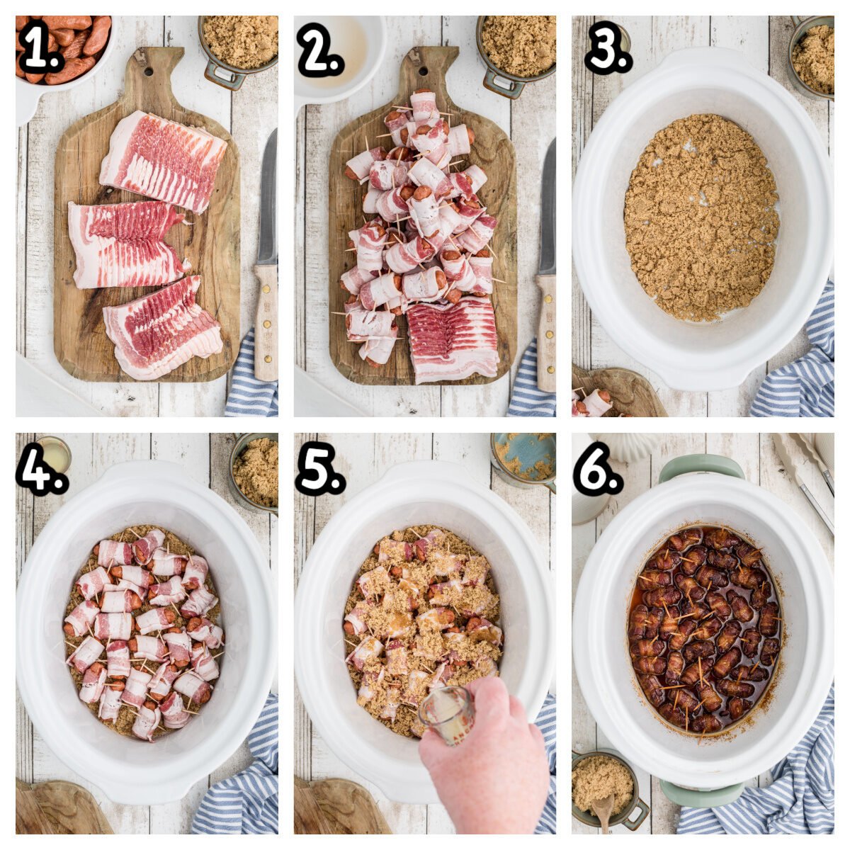 6 images showing how to make bacon wrapped smokies in a crockpot.