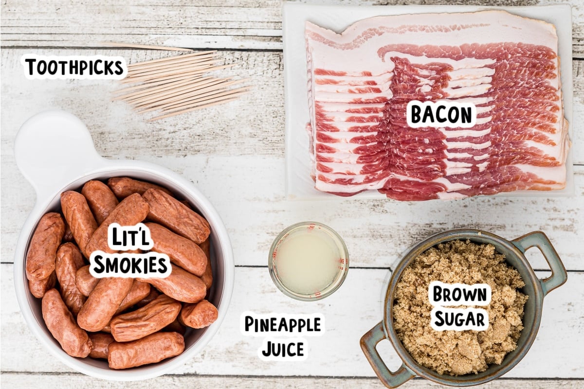 Ingredients for bacon wrapped smokies on a table.