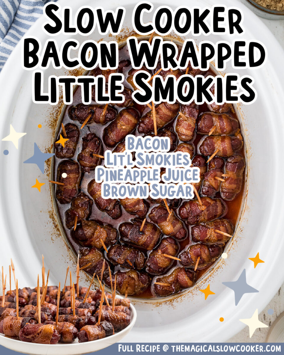 image of bacon smokies with text overlay.