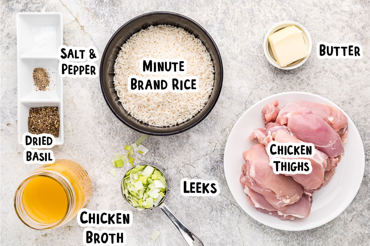 Ingredients for basil chicken and rice on a table.