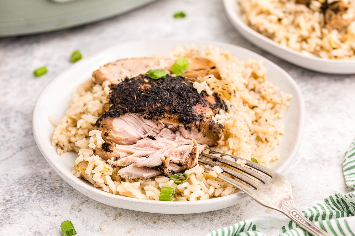 A plate of basil chicken with rice.